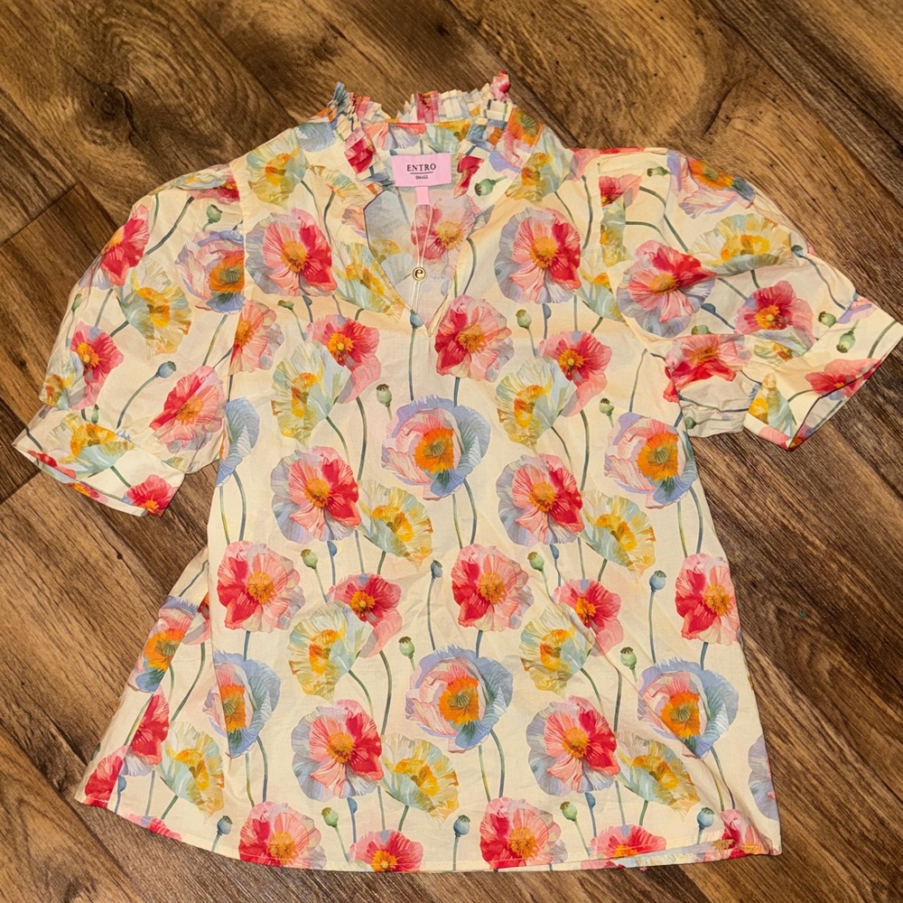 Entro Multicolor Floral Blouse with Ruffle Neck
